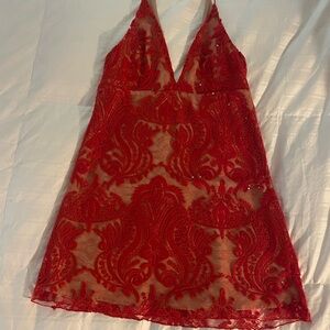 Free People Red Lace Mini Dress with subtle sparkle